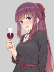  1girl :d alcohol arm_at_side bangs black_dress blue_eyes blunt_bangs blush bow breasts collarbone cup dress drinking_glass eyebrows_visible_through_hair grey_background hair_bow holding_glass long_hair long_sleeves looking_at_viewer medium_breasts mikazuchi_zeus new_game! open_mouth ponytail purple_hair red_bow red_ribbon ribbon sidelocks simple_background smile solo takimoto_hifumi upper_body wine wine_glass 