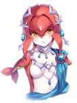  1girl blush breasts capelet fins fish_girl hair_ornament head_tilt highres jewelry looking_at_viewer medium_breasts mipha monster_girl multicolored multicolored_skin necklace simple_background smile snowcanvas solo the_legend_of_zelda the_legend_of_zelda:_breath_of_the_wild upper_body white_background yellow_eyes zora 