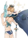  1boy ahoge artoria_pendragon_(swimsuit_archer)_(fate) artoria_pendragon_(swimsuit_archer)_(fate)_(cosplay) ass blonde_hair blue_cape cape cosplay crown excalibur_(fate/prototype) fate/grand_order fate/prototype fate_(series) genderswap genderswap_(ftm) green_eyes looking_at_viewer looking_back male_focus male_swimwear mini_crown myunzzol nipples saber saber_(fate/prototype) short_hair simple_background solo sparkle swim_briefs swimsuit swimwear water_gun white_background 