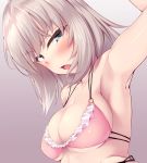  1girl arm_up armpits blush breasts cleavage girls_und_panzer grey_eyes highres itsumi_erika looking_at_viewer medium_breasts nksk open_mouth silver_hair solo swimsuit upper_body 