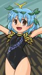  1girl :d alternate_costume antennae aqua_background arms_up bangs black_swimsuit blue_hair blush breasts brown_eyes butterfly_wings covered_navel etarnity_larva eyebrows_visible_through_hair hair_between_eyes hair_ornament leaf_hair_ornament legs_together looking_at_viewer lowres one-piece_swimsuit open_mouth raised_eyebrows short_hair small_breasts smile solo standing swimsuit tareme tongue touhou wings winn 
