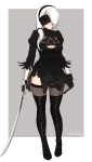  1girl black_dress black_gloves black_legwear blindfold breasts cleavage cosplay dress full_body gloves hairband highres holding holding_sword holding_weapon katana long_hair mole mole_under_mouth nier_(series) nier_automata razalor solo sword thigh-highs weapon white_hair x-ray yorha_no._2_type_b yorha_no._2_type_b_(cosplay) 