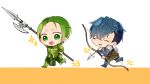  2boys armor armored_boots arrow blue_hair boots bow_(weapon) chibi fire_emblem fire_emblem_echoes:_mou_hitori_no_eiyuuou force_(fire_emblem) fujihana2 gloves green_eyes green_hair male_focus multiple_boys open_mouth paison polearm quiver sparkle spear weapon 
