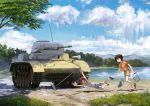  3girls arms_up bare_arms bare_shoulders blue_shorts blue_sky brown_eyes brown_hair bucket cleaning_brush clouds cloudy_sky collarbone day falling forest full_body girls_und_panzer grass green_eyes green_shorts ground_vehicle highres itsumi_erika lake military military_vehicle motor_vehicle mountain multiple_girls nature nishizumi_maho nishizumi_miho open_mouth outdoors panzerkampfwagen_ii plant scenery shirt short_hair short_sleeves shorts sky sleeveless slippers tank tank_top traditional_media tree treeware tripping water white_hair 