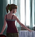  1girl artist_name blue_eyes brown_hair camisole closed_mouth cup curtains eiri_su eyebrows_visible_through_hair frilled_shirt frills from_behind green_ribbon hair_ribbon indoors looking_to_the_side mug original outstretched_arm profile ribbon shirt signature smile solo window 