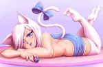  1girl animal_ears ass ball blue_eyes blue_lipstick blush cat_ears cat_tail cat_teaser lipstick lying makeup mazume on_stomach original short_hair shorts smile tail thigh-highs white_hair white_legwear 