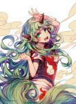  1girl animal_ears bangs cloud_print collared_shirt curly_hair green_eyes green_hair highres horn komano_aunn long_hair looking_at_viewer midriff open_mouth red_shirt shirt short_sleeves simple_background smile solo teeth tongue touhou very_long_hair white_background yudaoshan 