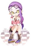  1girl :p bike_shorts boots domino_mask glasses glasses_on_head highres inkling long_hair mask pointy_ears shirt shorts sitting smile solo splatoon sprbouuz striped striped_shirt tentacle_hair tongue tongue_out yellow_eyes 