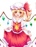  1girl :d bangs blonde_hair chikuwa_savi collarbone crystal eyebrows eyebrows_visible_through_hair flandre_scarlet hat highres long_sleeves neckerchief open_mouth puffy_short_sleeves puffy_sleeves red_eyes red_skirt short_hair short_sleeves side_ponytail simple_background skirt skirt_lift smile solo touhou watermark white_background wings wrist_cuffs yellow_neckerchief 