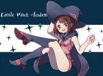  1girl :d bangs bare_shoulders blunt_bangs blush_stickers boots brown_eyes brown_hair dianche_miao_(18826) dress full_body hand_on_headwear hat kagari_atsuko legs legs_crossed little_witch_academia looking_at_viewer open_mouth pink_dress round_teeth short_dress smile solo sparkle teeth text witch_hat younger 