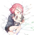 1girl animal_ears ass bike_shorts cat cat_ears closed_eyes domino_mask highres hug inkling lying mask on_side open_mouth pink_hair pointy_ears shirt short_hair short_shorts shorts smile socks splatoon sprbouuz tail tentacle_hair 