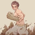  1boy black_eyes brown_hair clenched_hand clenched_teeth cowboy_shot dr._stone eyebrows fighting_stance hachikou_nameko male_focus muscle ooki_taiju pants petrification scar shirtless short_hair simple_background solo tan_background teeth 