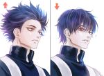 1boy alternate_hairstyle arrow bangs blue_eyes blue_hair boku_no_hero_academia expressionless from_side hair_down half-closed_eyes jacket looking_at_viewer nose parted_lips shinsou_hitoshi simple_background split_screen track_jacket upper_body white_background 