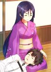  1boy 1girl alternate_costume architecture black_hair commentary_request east_asian_architecture fate/grand_order fate_(series) floral_print fujimaru_ritsuka_(male) jacket japanese_clothes kimono lap_pillow long_hair long_sleeves minamoto_no_raikou_(fate/grand_order) mugipot obi purple_hair purple_kimono sash short_hair uniform very_long_hair wooden_floor 