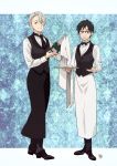  2boys apron black_hair blue-framed_eyewear blue_eyes bow bowtie brown_eyes champagne_bottle champagne_flute cup drinking_glass glasses highres katsuki_yuuri male_focus mouri multiple_boys necktie open_mouth silver_hair smile tray viktor_nikiforov waist_apron waistcoat waiter yuri!!!_on_ice 