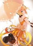  1girl blonde_hair blue_eyes dress edna_(tales) flower green_ribbon koto_(colorcube) leg_ribbon looking_at_viewer looking_back miniskirt normin_(tales) orange_ribbon petals ribbon short_hair side_ponytail skirt solo tales_of_(series) tales_of_zestiria umbrella white_dress yellow_ribbon 