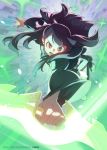  1girl bangs blunt_bangs boots brown_hair dress frown glowing kagari_atsuko little_witch_academia lolivia long_hair long_sleeves looking_at_viewer open_mouth outstretched_arm red_eyes shiny_rod sidelocks solo sparkle watermark wide_sleeves 
