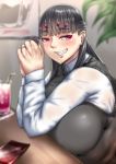  1girl black_hair blush breasts drink eyebrows_visible_through_hair grin jewelry large_breasts long_hair looking_at_viewer monster_girl original pink_eyes ring smile solo yu02j0 