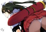  1girl arrow ass commentary_request dated from_behind green_hair hair_ribbon kantai_collection long_hair momo_(higanbana_and_girl) panties pantyshot quiver ribbon skirt solo twintails underwear upskirt white_background white_panties yellow_eyes zuikaku_(kantai_collection) 