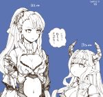  2girls beatrix_(granblue_fantasy) blonde_hair breasts cleavage doraf granblue_fantasy hair_ornament horns lineart long_hair motitoy multiple_girls navel pointy_ears ponytail razia sketch translated 