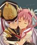  2girls cheek-to-cheek closed_eyes gloves gunpuku_no_himegimi hair_between_eyes hair_ornament hat hug kirameki_mamika long_hair looking_at_viewer magical_girl multiple_girls pink_hair re:creators red_eyes silver_hair suo_(sndrta2n) wavy_mouth 