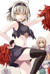  1boy 3girls :d ahoge alternate_costume bangs bare_arms black_choker black_legwear black_skirt blonde_hair blue_eyes blush breasts caster_(fate/zero) cheerleader choker closed_eyes crop_top fate/apocrypha fate/grand_order fate_(series) hairband half-closed_eyes hand_on_hip holding jeanne_alter jeanne_alter_(santa_lily)_(fate) large_breasts long_hair looking_at_viewer midriff multiple_girls navel oota_yuuichi open_mouth panties pantyshot pantyshot_(standing) pom_poms ruler_(fate/apocrypha) short_hair silver_hair skirt sleeveless smile standing standing_on_one_leg sweat thigh-highs torn_clothes under_boob underwear white_choker white_panties wristband yellow_eyes 