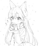  1girl :&gt; animal_ears blazer blush bow bowtie buttons eating extra_ears eyebrows_visible_through_hair eyelashes ezo_red_fox_(kemono_friends) food food_in_mouth fox_ears fox_tail fur-trimmed_sleeves fur_trim gloves hair_between_eyes hiten_goane_ryu holding holding_food jacket japari_bun kemono_friends lineart long_hair long_sleeves looking_at_viewer monochrome necktie no_nose onomatopoeia outdoors pocket raised_eyebrows snow snowing solo tail tsurime upper_body white_background 