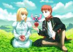  1boy 1girl ahoge apple boots brown_boots brown_eyes character_request clouds cloudy_sky commentary dress emiya_shirou fairy fate/stay_night fate_(series) fateline_alpha food fruit grass green_eyes long_hair redhead saber seiza short_hair sitting sky white_dress 