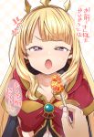  1girl anger_vein bangs blonde_hair blush cagliostro_(granblue_fantasy) cape crown fang food granblue_fantasy hairband highres holding holding_spoon kamiya_zuzu long_hair looking_at_viewer open_mouth solo_focus spoon translation_request violet_eyes 