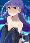  1girl bare_shoulders blue_eyes blush clenched_teeth collarbone fate/extra fate/extra_ccc fate/grand_order fate_(series) flat_chest hair_ribbon highres kurosawa_shouichi long_hair meltlilith no_bra purple_hair ribbon sleeves_past_wrists solo tears teeth torn_clothes 