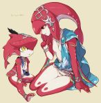  1boy 1girl bracelet brother_and_sister brown_eyes capelet finger_to_mouth fins fish_girl from_side full_body gem hair_ornament jewelry looking_at_another mipha pink_lips seiza siblings sidon sitting slit_pupils smile the_legend_of_zelda the_legend_of_zelda:_breath_of_the_wild utsugi_(skydream) yellow_eyes younger zora 