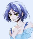  1girl bangs bare_shoulders blue_bra blue_hair bra breasts cleavage collarbone commentary_request eyebrows_visible_through_hair female hayami_kanade highres idolmaster idolmaster_cinderella_girls ishida_akira jewelry large_breasts looking_at_viewer naughty_face neck necklace parted_bangs short_hair simple_background smile solo unbuttoned upper_body yellow_eyes 