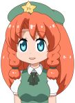  1girl blue_eyes braid eyebrows_visible_through_hair hat hong_meiling long_hair parody parted_lips puffy_short_sleeves puffy_sleeves redhead shirosato short_sleeves simple_background smile solo star style_parody touhou twin_braids upper_body white_background wing_collar 