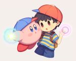  1boy 1other ape_(company) black_hair blue_eyes child hal_laboratory_inc. hat hoshi_no_kirby kirby kirby_(series) mother_(game) mother_2 ness nintendo ohmoto_makiko open_mouth pink_puff_ball seiyuu_connection super_smash_bros. white_background wusagi2 