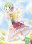  1girl :d antennae bad_id bad_pixiv_id bangs boots butterfly_wings dress flower full_body green_hair hair_between_eyes hair_ornament hair_ribbon kohaku_(rune_factory) long_sleeves looking_at_viewer open_mouth petals ribbon rune_factory rune_factory_4 shirt short_hair skirt smile solo wings 