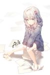  1girl aile_(crossroads) artist_name bangs bare_legs barefoot blue_eyes blush bow closed_mouth eromanga_sensei eyebrows_visible_through_hair feet full_body hair_bow izumi_sagiri jacket knees_together_feet_apart long_hair long_sleeves looking_at_viewer paper paper_stack pink_bow signature silver_hair sitting solo tareme toes 