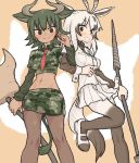  &gt;:) 2girls :d animal_ears arabian_oryx_(kemono_friends) arm_at_side aurochs_(kemono_friends) black_hair black_legwear blush breast_pocket breasts brown_footwear brown_hair brown_legwear brown_necktie brown_shirt brown_shoes buttons camouflage_shirt clenched_hand closed_mouth collar cow_ears cow_tail crop_top dark_skin empty_eyes extra_ears eyebrows_visible_through_hair eyelashes green_shirt holding holding_spear holding_weapon horizontal_stripes horn_lance huge_weapon japari_symbol kemono_friends leg_lift locked_arms long_sleeves looking_at_viewer mary_janes medium_breasts midriff multicolored multicolored_clothes multicolored_hair multicolored_legwear multicolored_necktie multicolored_shoes multiple_girls nagayama_(zappazappa) navel necktie open_mouth orange_background oryx_ears oryx_tail pantyhose pencil_skirt pleated_skirt pocket polearm red_necktie shirt shoes short_hair short_over_long_sleeves side_slit skirt sleeve_cuffs smile spear striped striped_necktie tail toned tsurime two-tone_legwear two-tone_stripes weapon white_footwear white_hair white_legwear white_shirt white_shoes white_skirt wing_collar 