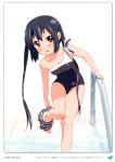  1girl 2011 absurdres barefoot black_hair brown_eyes errant highres k-on! long_hair nakano_azusa solo swimsuit twintails undressing 