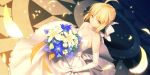  1girl ahoge bare_shoulders blonde_hair blurry bouquet bow braid breasts choker cleavage depth_of_field dress dutch_angle elbow_gloves eyebrows_visible_through_hair fate/stay_night fate_(series) flower french_braid gloves green_eyes hair_bow highres petals saber short_hair small_breasts smile solo white_gloves yangsion 