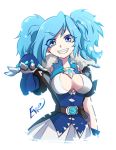  1girl belt blue_eyes blue_hair breasts cleavage dress evie_(paladins) fingerless_gloves fur_trim gloves large_breasts nanashiba paladins teeth twintails 