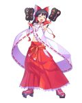  1girl anji_mito anji_mito_(cosplay) bangs black_hair blush bow bridal_gauntlets closed_eyes cookie_(touhou) cosplay crossed_arms detached_sleeves fan full_body geta guilty_gear hair_bow hair_tubes hakurei_reimu highres holding holding_fan navel noel_(cookie) open_mouth red_bow ribbon-trimmed_sleeves ribbon_trim sarashi smile solo standing stomach tarmo touhou transparent_background wide_sleeves 