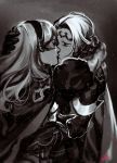  1boy 1girl armor cape female_my_unit_(fire_emblem_if) fire_emblem fire_emblem_if greyscale highres kiss marks_(fire_emblem_if) monochrome my_unit_(fire_emblem_if) signature tears 