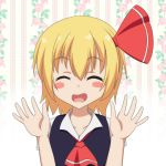  1girl ^_^ ascot blonde_hair blush_stickers cato_(monocatienus) closed_eyes facing_viewer floral_background hair_ribbon hands_up open_hands open_mouth patterned_background ribbon rumia short_hair short_sleeves solo striped striped_background touhou upper_body vest 