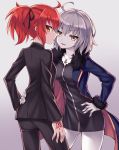  2girls ahoge black_ribbon breasts command_spell eyebrows_visible_through_hair fate/grand_order fate_(series) fujimaru_ritsuka_(female) hair_ribbon hand_on_another&#039;s_hip hand_on_hip jeanne_alter jewelry looking_at_viewer medium_breasts multiple_girls nemou pale_skin pendant ponytail redhead ribbon ruler_(fate/apocrypha) short_hair yellow_eyes 