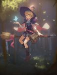  1girl bag blue_eyes broom cloak doren fairy forest glasses hairband hat highres little_witch_academia lotte_jansson nature orange_hair satchel school_uniform shoes short_hair skirt socks solo witch witch_hat 