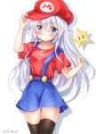  1girl anchor_symbol black_legwear blue_eyes cosplay cowboy_shot flat_cap gluteal_fold hat hibiki_(kantai_collection) kantai_collection long_hair looking_at_viewer mario mario_(cosplay) super_mario_bros. nikoo red_hat red_shirt shirt short_sleeves silver_hair simple_background skirt solo starman_(mario) super_mario_bros. suspenders thigh-highs twitter_username white_background 