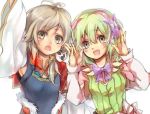  2girls :d :o antennae arms_up bow breasts detached_sleeves dress green_hair hair_between_eyes hair_ornament hair_ribbon kohaku_(rune_factory) long_sleeves multiple_girls open_mouth ribbon rune_factory rune_factory_4 side_ponytail silver_hair small_breasts smile xiao_pai yudaoshan 