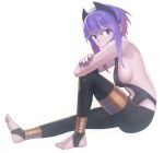  1girl absurdres assassin_(fate/prototype_fragments) barefoot breasts dark_skin erect_nipples fate/prototype fate/prototype:_fragments_of_blue_and_silver fate_(series) feet full_body hairband highres looking_at_viewer medium_breasts navel purple_hair shikuro_(masax1107) short_hair sideboob simple_background sitting solo toeless_legwear toes violet_eyes white_background 