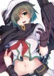  1girl bangs black_gloves brown_gloves crop_top eyebrows_visible_through_hair eyepatch gloves green_eyes green_hair hair_over_one_eye hand_up highres kantai_collection kiso_(kantai_collection) looking_at_viewer midriff navel open_mouth pleated_skirt rerrere rigging short_hair short_sleeves simple_background skirt smile solo teeth upper_body white_background white_skirt 