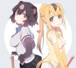  &gt;:/ 2girls :/ animal_ears back-to-back bangs bare_shoulders bear_ears bear_paw_hammer black_eyes black_skirt blue_ribbon blush bracelet breasts brown_bear_(kemono_friends) brown_gloves brown_hair circlet cow_(shadow) cowboy_shot extra_ears eyebrows_visible_through_hair eyelashes fingerless_gloves from_side gloves golden_snub-nosed_monkey_(kemono_friends) gradient_eyes gradient_hair grey_background grey_hair hair_between_eyes hair_ornament hand_on_hip heart high_ponytail holding holding_staff holding_weapon jewelry kemono_friends large_breasts leotard light_brown_eyes long_hair looking_at_viewer medium_breasts monkey_ears monkey_tail multicolored multicolored_background multicolored_eyes multicolored_hair multiple_girls neck_ribbon orange_eyes orange_gloves orange_hair pleated_skirt ponytail ribbon shadow shirt short_hair short_sleeves skirt sleeveless smile staff swept_bangs tail tareme tsurime two-tone_background two-tone_hair weapon white_background white_pupils white_skirt yellow_leotard 